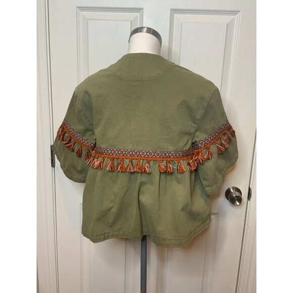 Zara Basic Dept Denim Green Jean Jacket Geometric Embroidery Tassels, Size XS - Picture 6 of 8